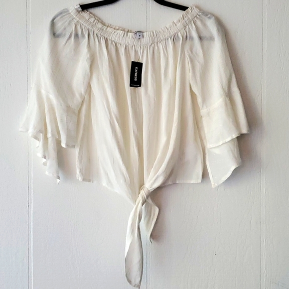 NWT Express Metallic Stripe Tie Front Off The Shoulder Neckline Top Blouse - Picture 3 of 7